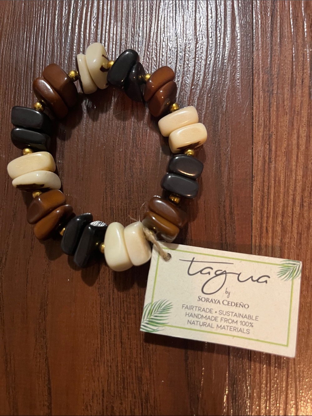Tagua Brown & Cream Natural Beaded Stretch Bracelet by Tagua